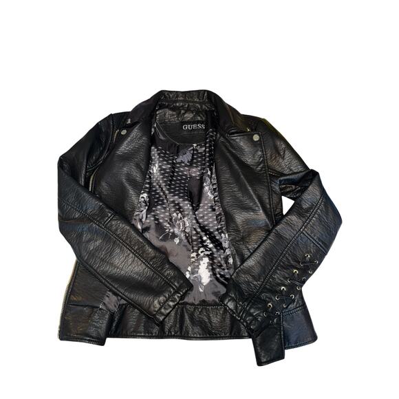 Guess Moto Jacket | Black Zip Front Biker Style with Lace Up Sleeves | Size M - Picture 9 of 11